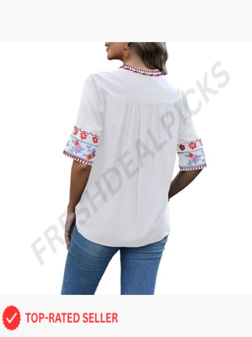 Embroidered V-Neck Blouse Short Sleeve Floral Boho Peasant Top Relaxed Fit - Picture 2 of 5